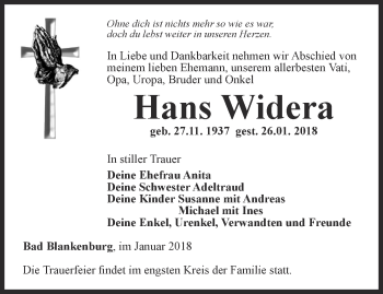 Traueranzeige von Hans Widera von Ostthüringer Zeitung