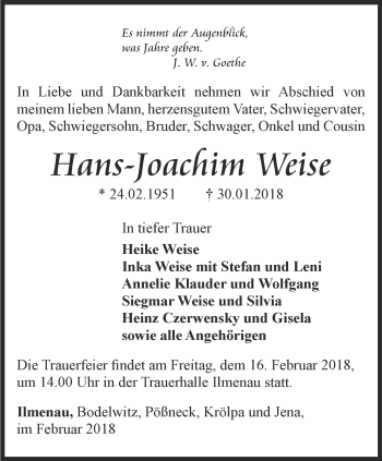 Traueranzeige von Hans Joachim Weise von Ostthüringer Zeitung