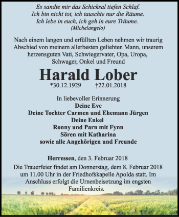 Traueranzeige von Harald Lober von Thüringer Allgemeine, Thüringische Landeszeitung