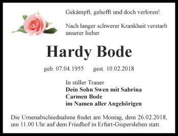 Traueranzeige von Hardy Bode