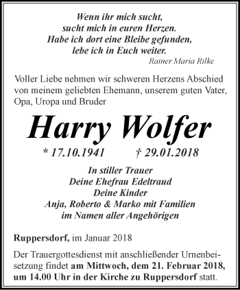 Traueranzeige von Harry Wolfer von Ostthüringer Zeitung