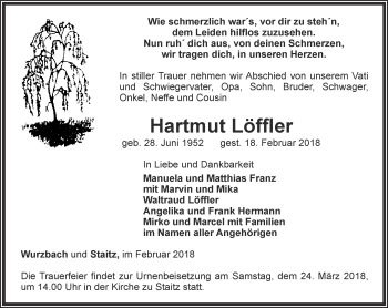 Traueranzeige von Hartmut Löffler von Ostthüringer Zeitung