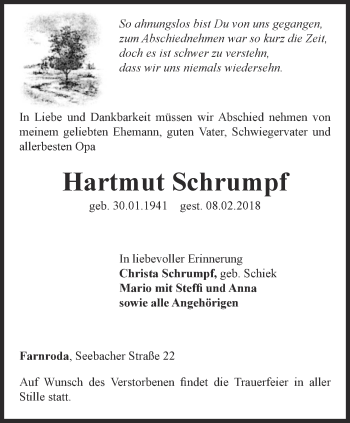 Traueranzeige von Hartmut Schrumpf von Thüringer Allgemeine, Thüringische Landeszeitung