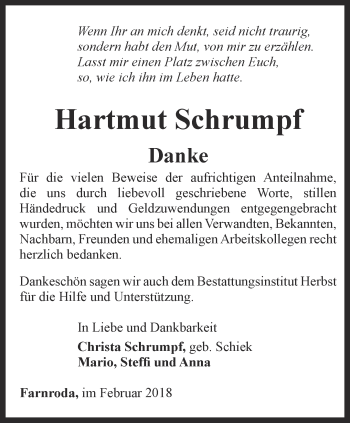 Traueranzeige von Hartmut Schrumpf von Thüringer Allgemeine, Thüringische Landeszeitung