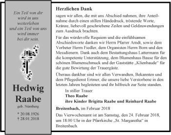 Traueranzeige von Hedwig Raabe von Thüringer Allgemeine
