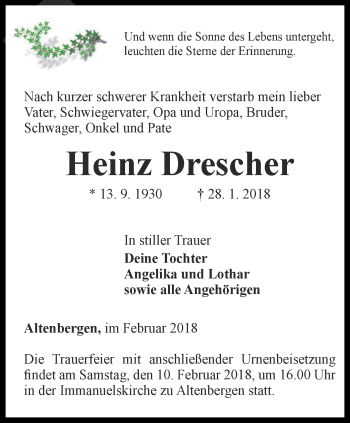 Traueranzeige von Heinz Drescher von Ostthüringer Zeitung, Thüringische Landeszeitung