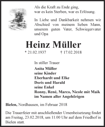 Traueranzeige von Heinz Müller von Thüringer Allgemeine