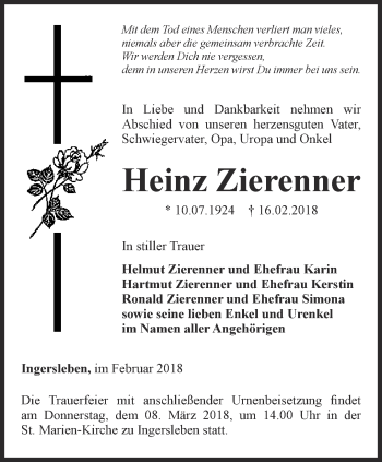 Traueranzeige von Heinz Zierenner von Thüringer Allgemeine, Thüringische Landeszeitung