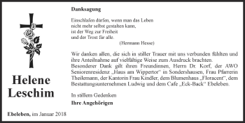 Traueranzeige von Helene Leschim von Thüringer Allgemeine