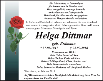 Traueranzeige von Helga Dittmar von Ostthüringer Zeitung