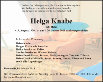Traueranzeige von Helga Knabe von Thüringer Allgemeine, Thüringische Landeszeitung