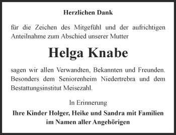 Traueranzeige von Helga Knabe von Thüringer Allgemeine, Thüringische Landeszeitung