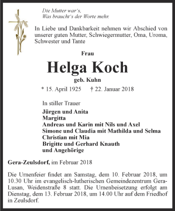 Traueranzeige von Helga Koch von Ostthüringer Zeitung