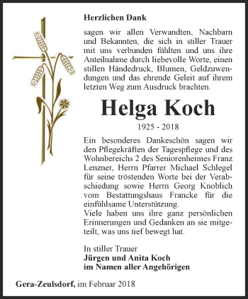 Traueranzeige von Helga Koch von Ostthüringer Zeitung