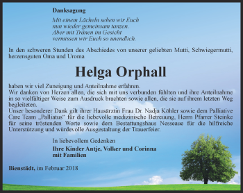 Traueranzeige von Helga Orphall von Thüringer Allgemeine, Thüringische Landeszeitung