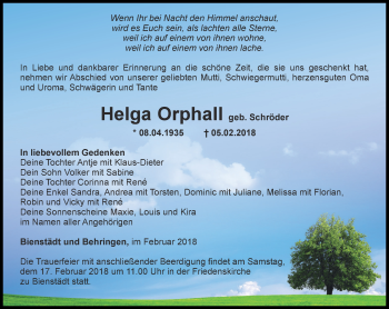 Traueranzeige von Helga Orphall von Thüringer Allgemeine, Thüringische Landeszeitung