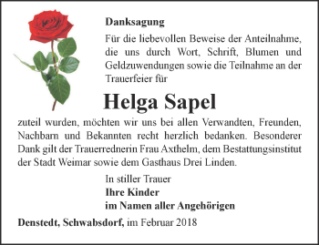 Traueranzeige von Helga Sapel von Thüringer Allgemeine, Thüringische Landeszeitung