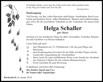 Traueranzeige von Helga Schaller von Ostthüringer Zeitung