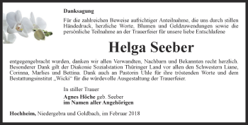 Traueranzeige von Helga Seeber von Ostthüringer Zeitung, Thüringische Landeszeitung