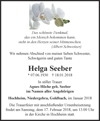 Traueranzeige von Helga Seeber von Ostthüringer Zeitung, Thüringische Landeszeitung
