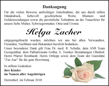 Traueranzeige von Helga Zacher von Ostthüringer Zeitung, Thüringische Landeszeitung