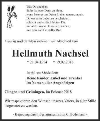 Traueranzeige von Hellmuth Nachsel von Thüringer Allgemeine