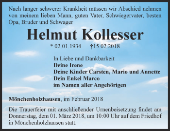 Traueranzeige von Helmut Kollesser von Thüringer Allgemeine, Thüringische Landeszeitung