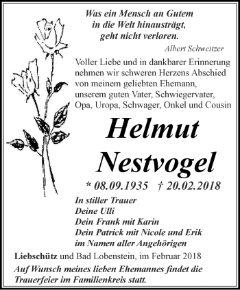 Traueranzeige von Helmut Nestvogel von Ostthüringer Zeitung