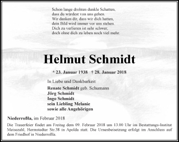 Traueranzeige von Helmut Schmidt von Thüringer Allgemeine, Thüringische Landeszeitung