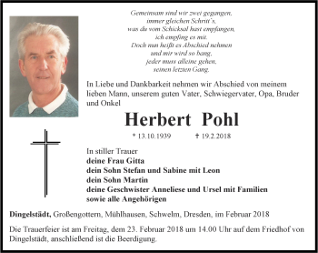 Traueranzeige von Herbert Pohl von Thüringer Allgemeine