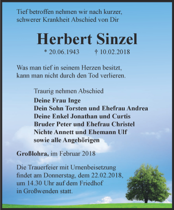 Traueranzeige von Herbert Sinzel von Thüringer Allgemeine