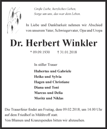 Traueranzeige von Herbert Winkler von Ostthüringer Zeitung