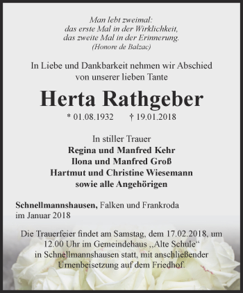 Traueranzeige von Herta Rathgeber von Thüringer Allgemeine, Thüringische Landeszeitung