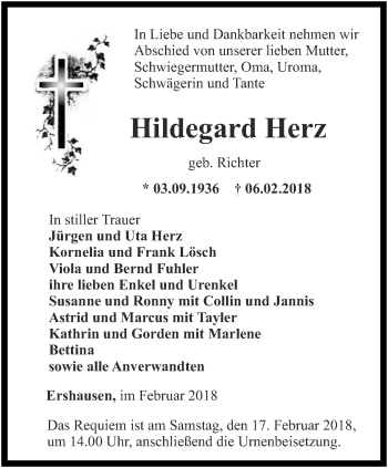 Traueranzeige von Hildegard Herz von Thüringer Allgemeine