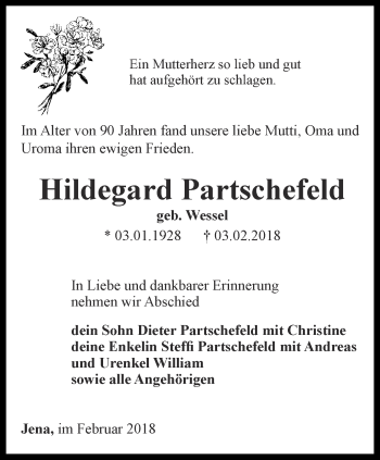 Traueranzeige von Hildegard Partschefeld von Ostthüringer Zeitung, Thüringische Landeszeitung