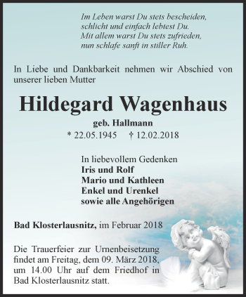 Traueranzeige von Hildegard Wagenhaus von Ostthüringer Zeitung