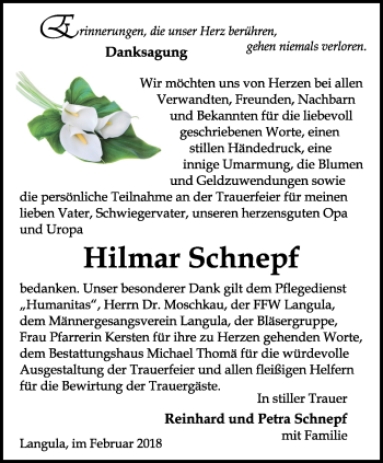 Traueranzeige von Hilmar Schnepf von Thüringer Allgemeine, Thüringische Landeszeitung