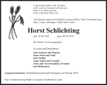 Traueranzeige von Horst Schlichting