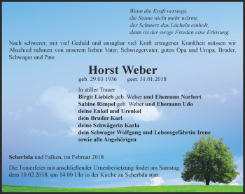 Traueranzeige von Horst Weber von Thüringer Allgemeine, Thüringische Landeszeitung