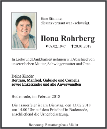 Traueranzeige von Ilona Rohrberg von Thüringer Allgemeine