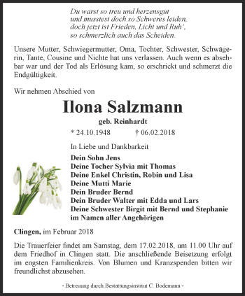 Traueranzeige von Ilona Salzmann von Thüringer Allgemeine