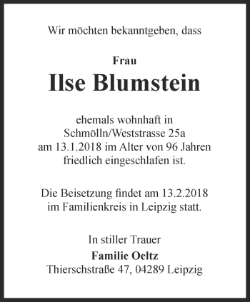 Traueranzeige von Ilse Blumstein von Ostthüringer Zeitung