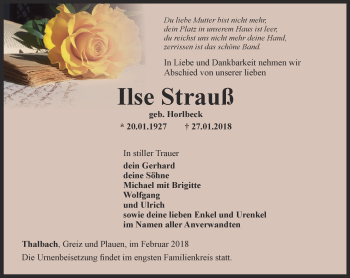 Traueranzeige von Ilse Strauß