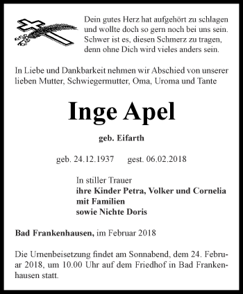Traueranzeige von Inge Apel von Thüringer Allgemeine