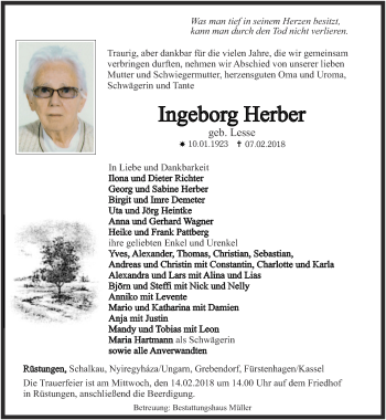 Traueranzeige von Ingeborg Herber von Thüringer Allgemeine