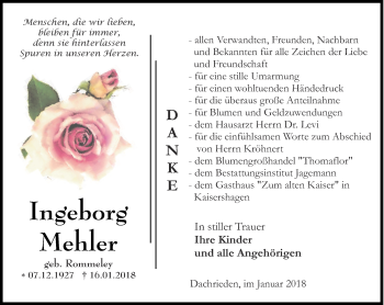 Traueranzeige von Ingeborg Mehler von Thüringer Allgemeine, Thüringische Landeszeitung