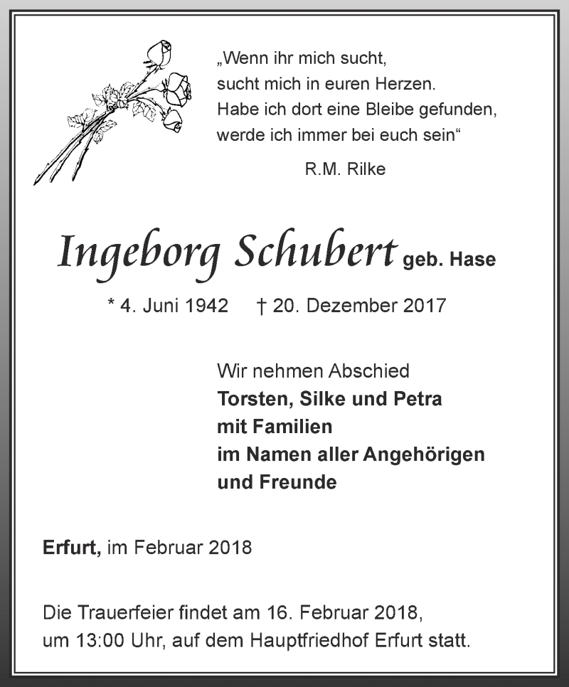  Traueranzeige für Ingeborg Schubert vom 10.02.2018 aus Thüringer Allgemeine, Thüringische Landeszeitung