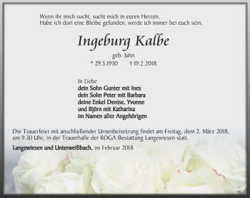 Traueranzeige von Ingeburg Kalbe von Ostthüringer Zeitung