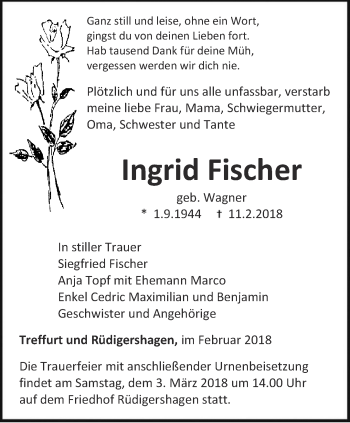 Traueranzeige von Ingrid Fischer von Thüringer Allgemeine, Thüringische Landeszeitung