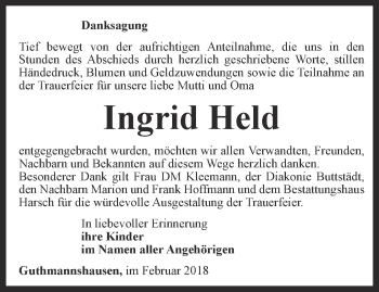 Traueranzeige von Ingrid Held von Thüringer Allgemeine